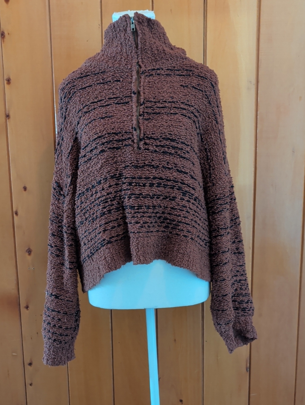 Cozy Brown Zipper-Front Mock Neck Sweater